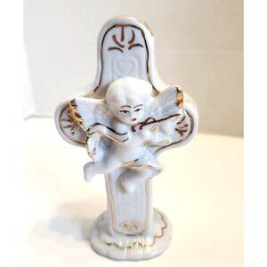 Vintage Ceramic Angel Figurine On Cross Stand With Gold Accents